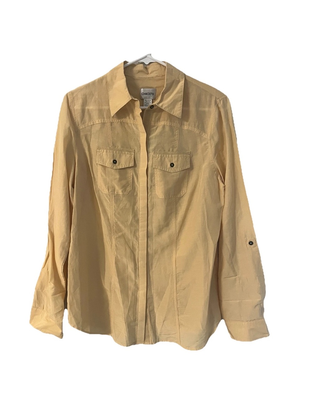 NWT Chico's Women's Pastel Yellow Silk Blend Utility Roll Tab Sleeve Top Size 0